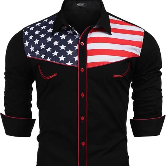 NEW! Men's Casual Western Style Cowboy Shirt American Flag Button Down Shirts - Picture 2 of 4